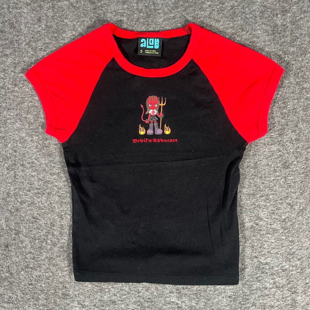 ALAB Tammie's Devils Advocate Baby Tee Raglan Red Black Graphic Top Small